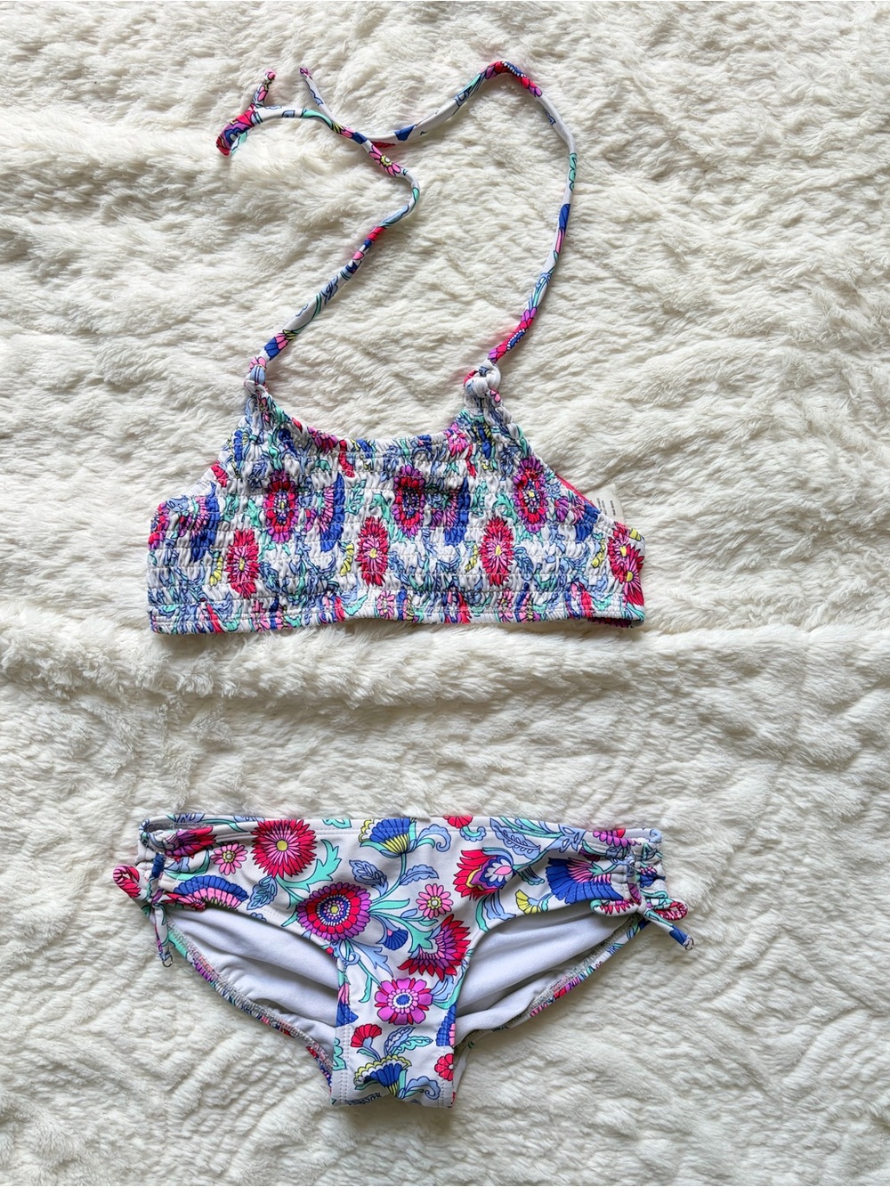 GB girls White Floral Bikini Set with Pink, Blue & Green